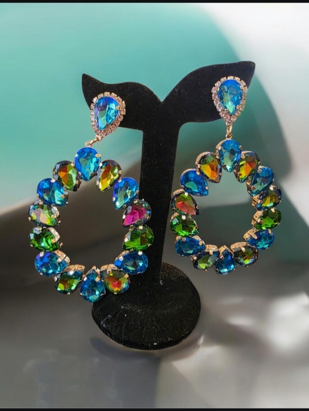 Crystal Rhinestone Hoop Teardrop Iridescent  Blue Green Statement Earrings